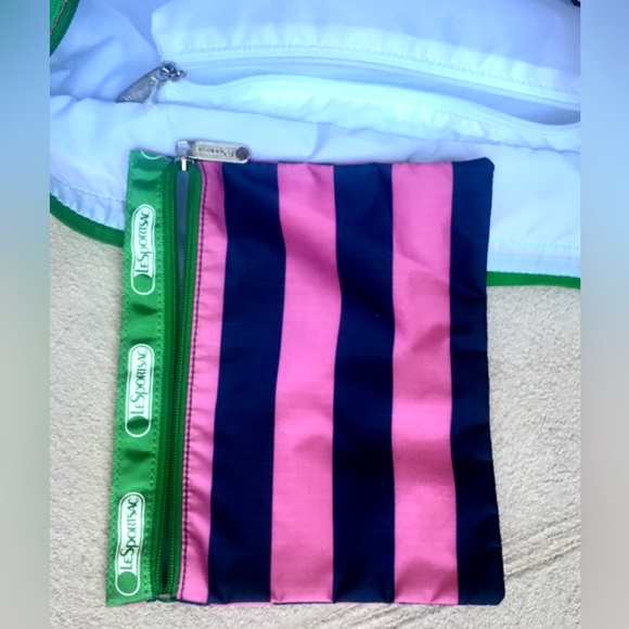 LE SPORT SAC, Green & Pink Horizontal Stripes, Attached Small Make-Up Bag, NEW - Picture 7 of 11